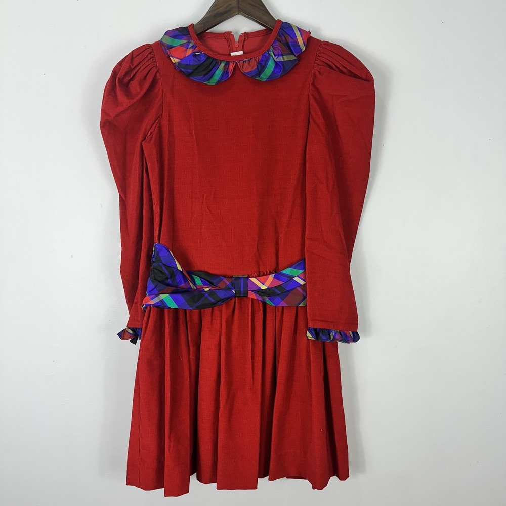 Ruth of Carolina Corduroy Dress Girls 10 Red Plaid Bow Puff Sleeve Vtg Holiday